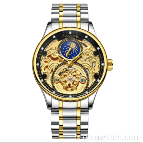 Montre mécanique creuse étanche de type explosion Swiss Tevise T820A montre pour hommes décontractée en phase de lune tourbillon